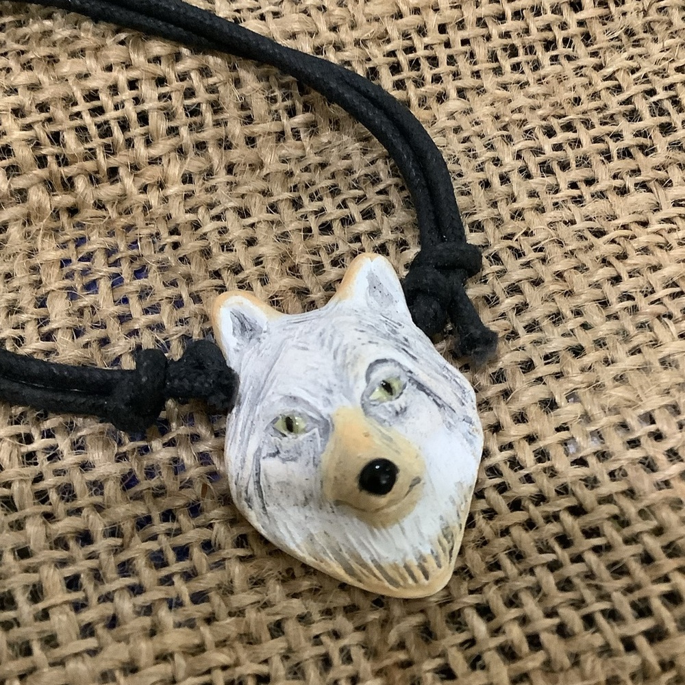 Handmade Gray wolf ceramic boho cord necklace